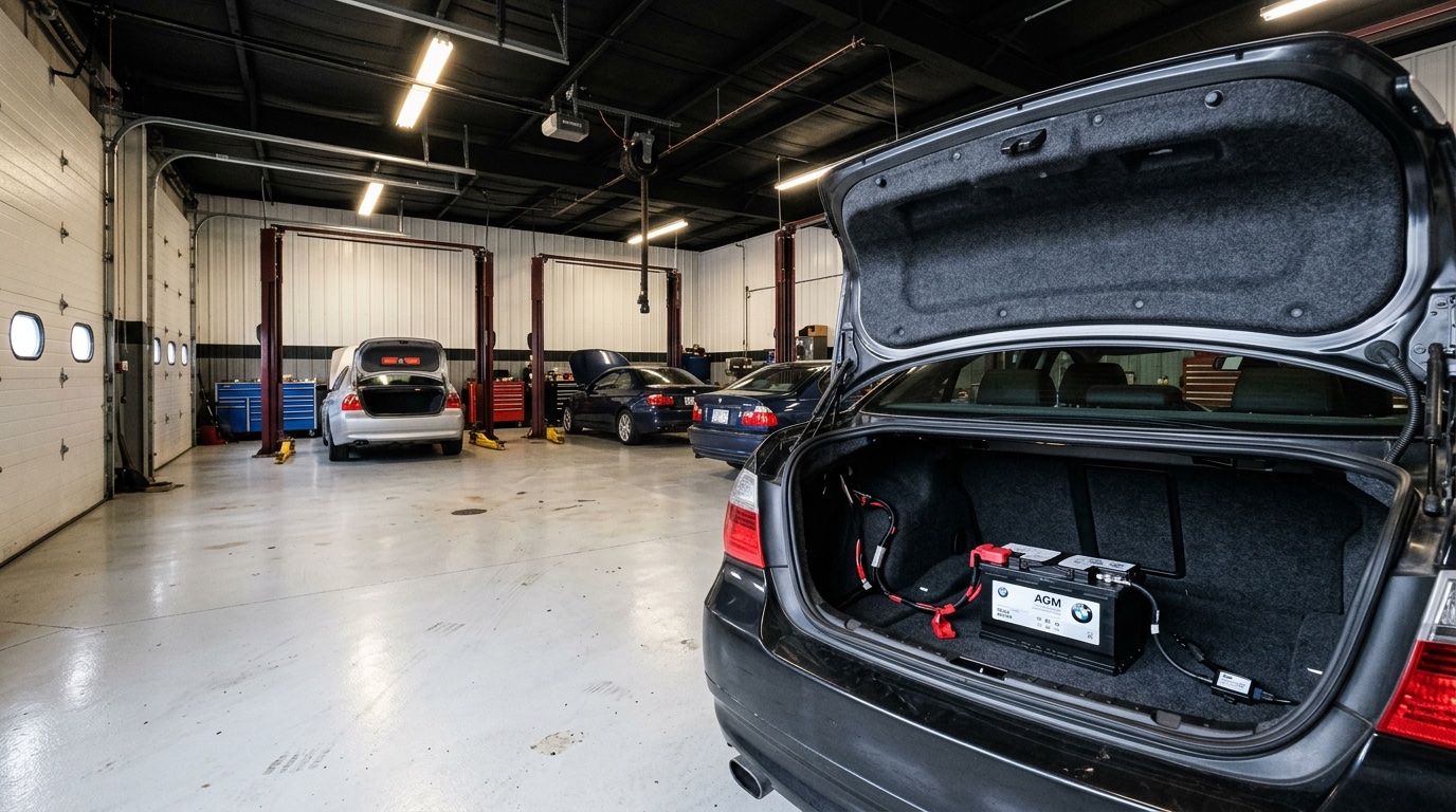 BMW AGM battery installed in trunk with IBS sensor and wiring harness visible