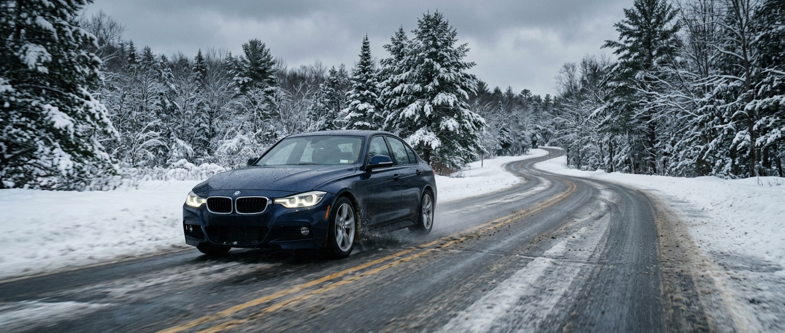 BMW driving on a snowy Upstate New York road with salt and winter conditions