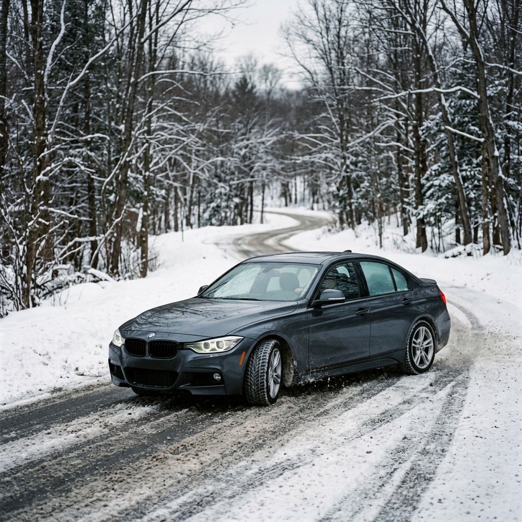 BMW driving on snowy road in Upstate New York