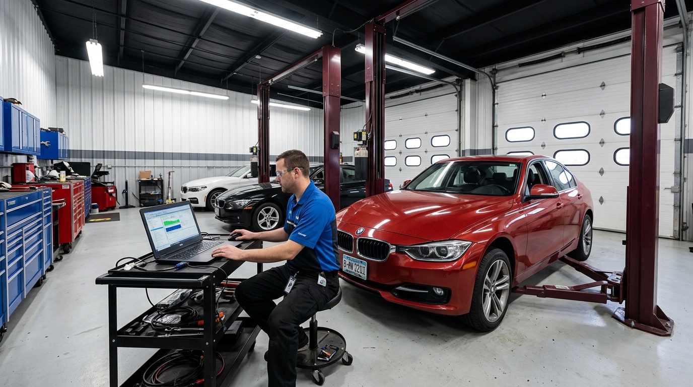 BMW ISTA diagnostic software connected to vehicle showing coding interface on laptop screen
