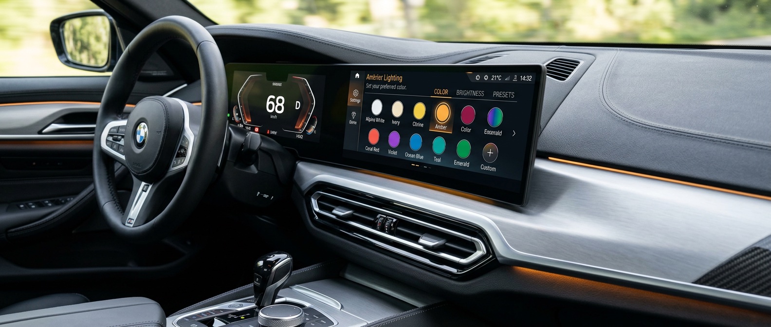 BMW iDrive screen showing coded ambient lighting options and digital speedometer display