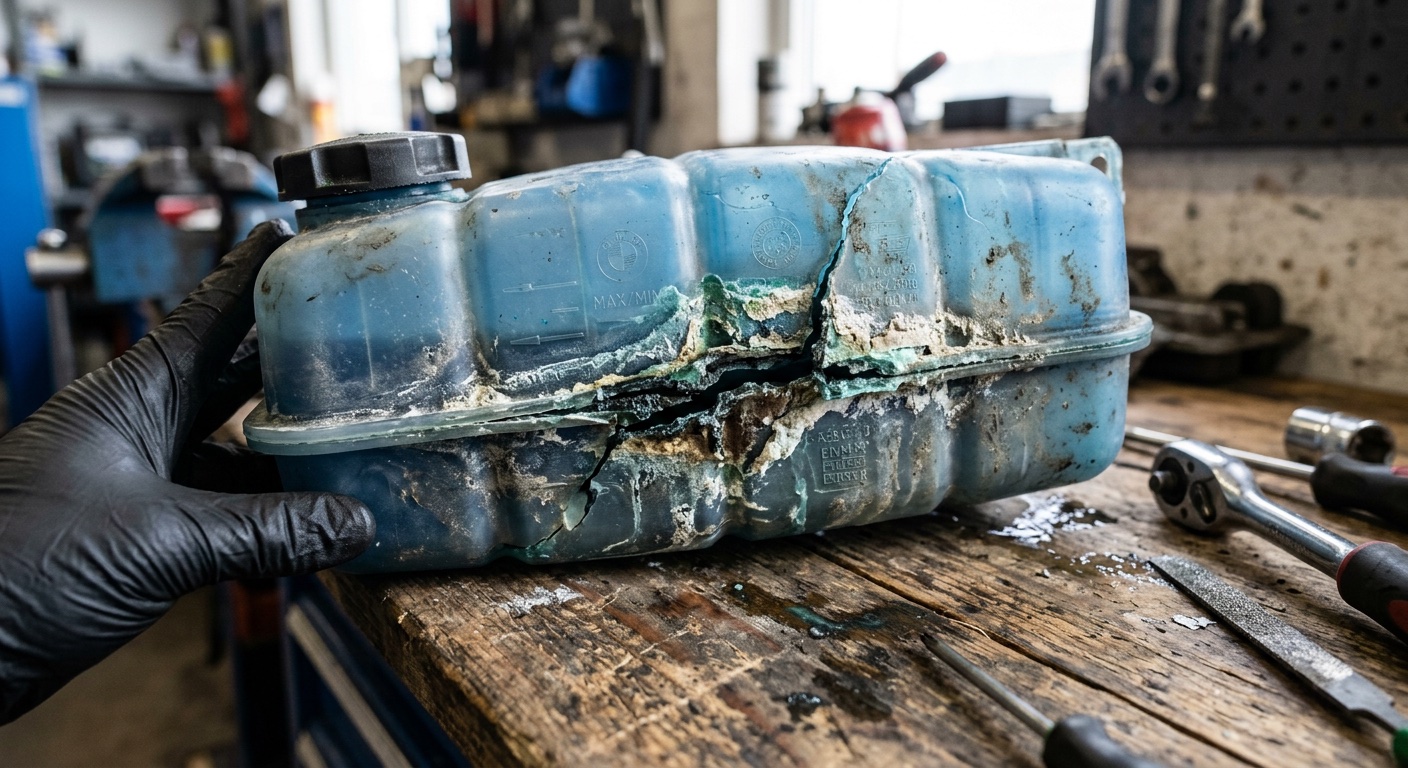 Cracked BMW coolant expansion tank showing typical failure point at the seam