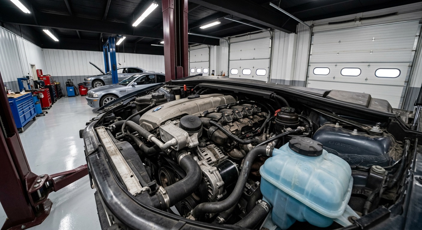 BMW engine bay showing coolant system components — expansion tank, hoses, and electric water pump