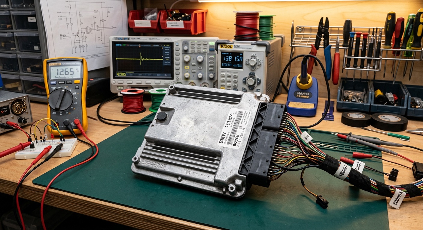 BMW DME module close-up — engine control unit on bench