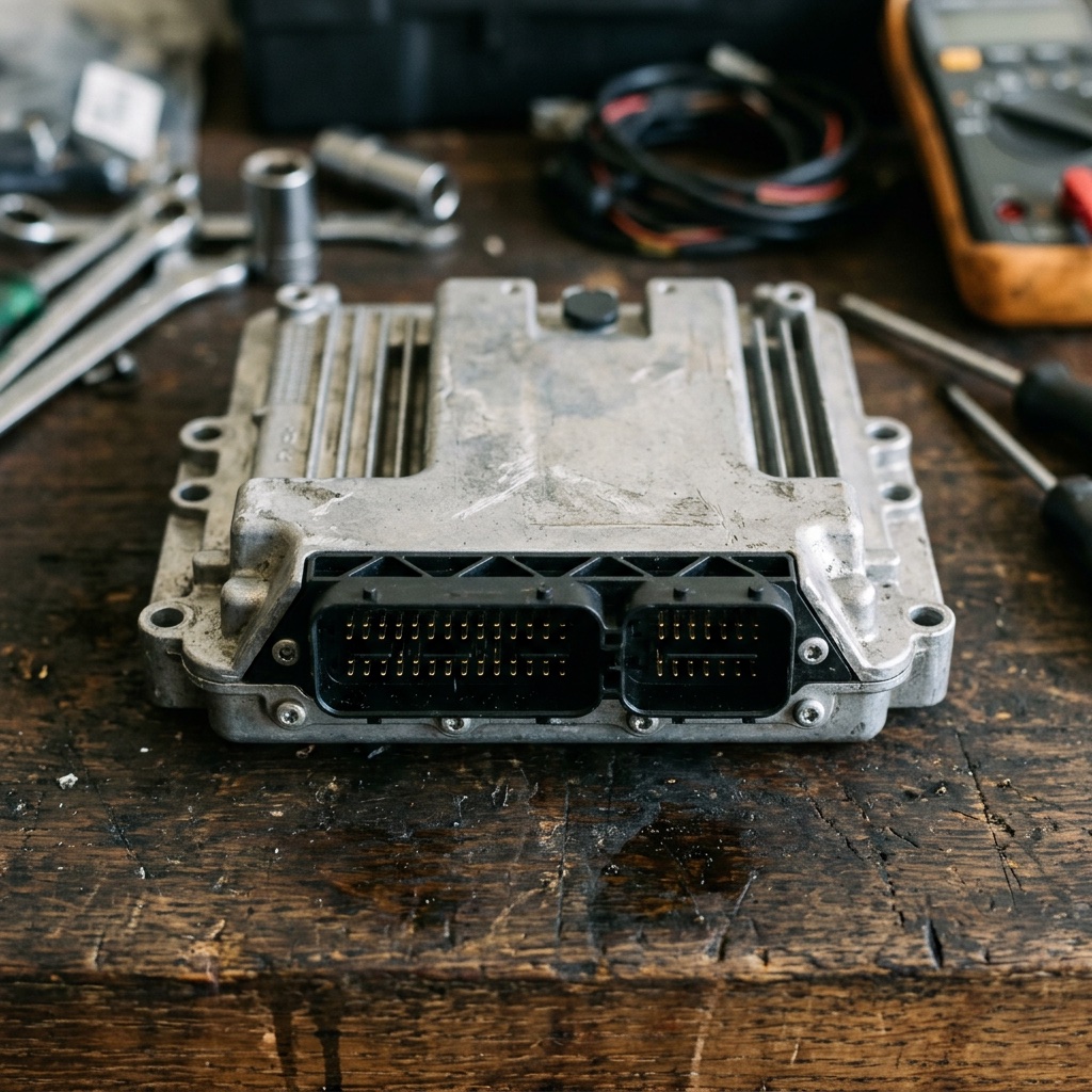 BMW DME module close-up on repair bench