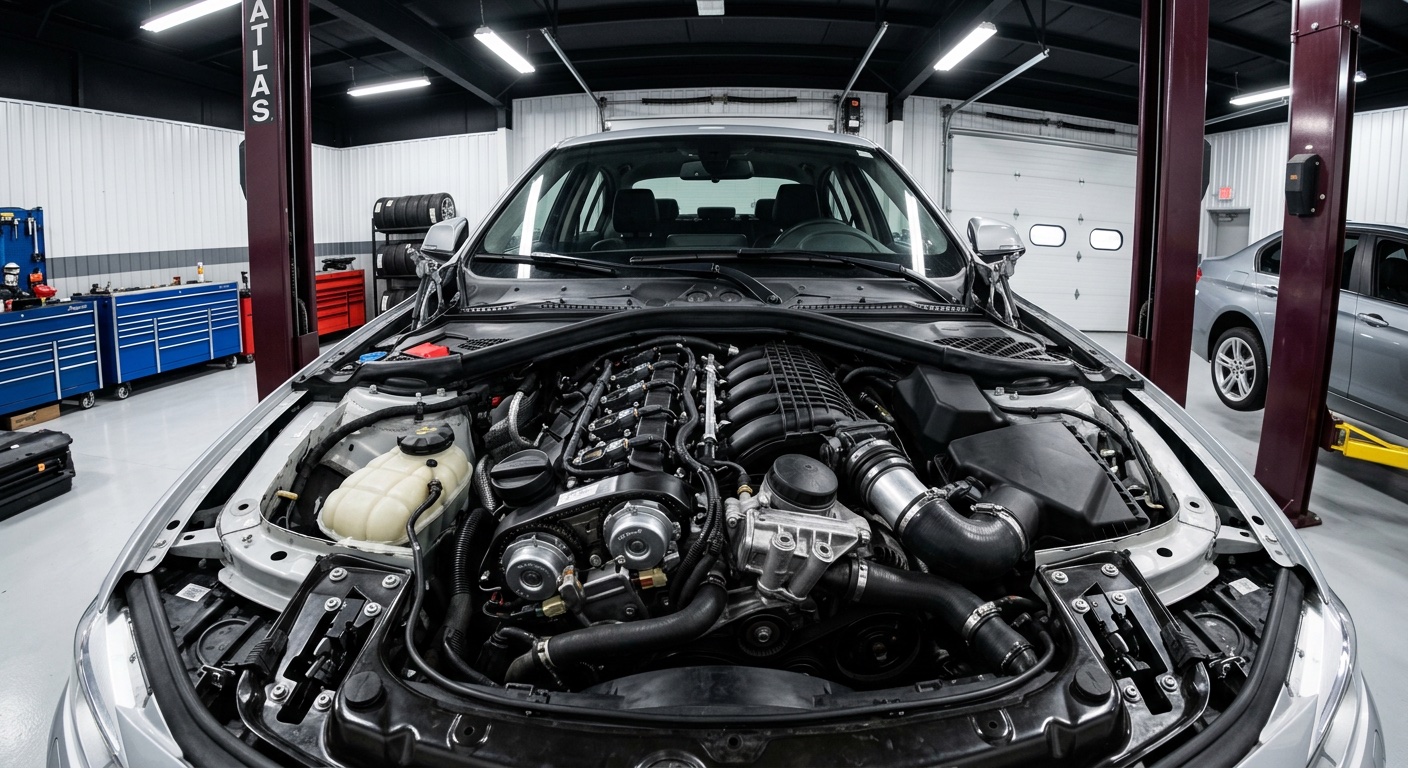 BMW N55 engine bay showing common drivetrain malfunction components — coils, VANOS, and turbo