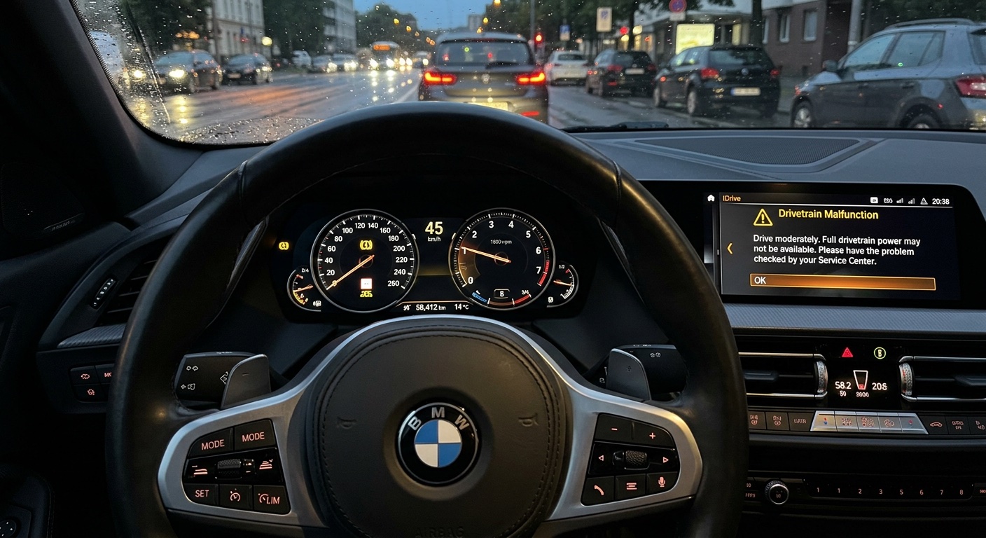 BMW iDrive display showing drivetrain malfunction warning with yellow triangle