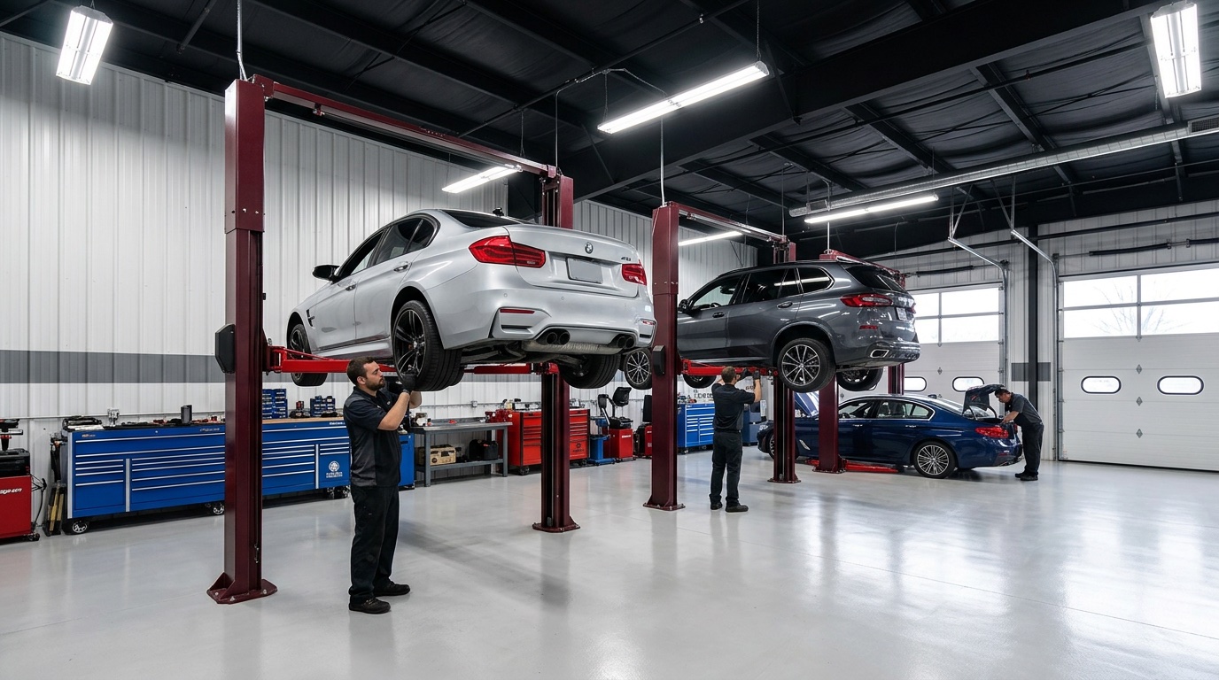 Professional BMW technician using factory diagnostic equipment in a clean, well-equipped shop
