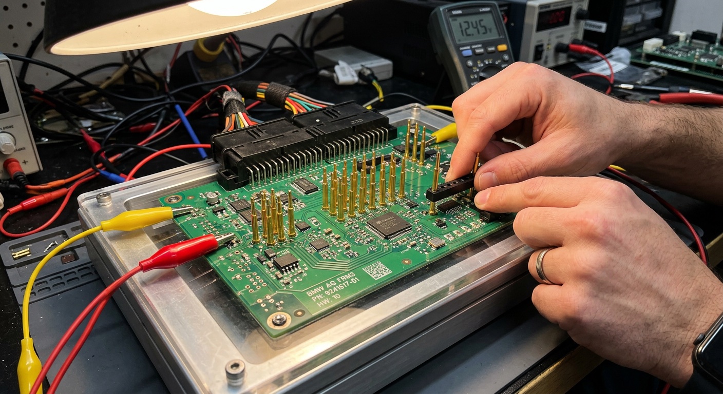 BMW FRM module — footwell module circuit board on repair bench