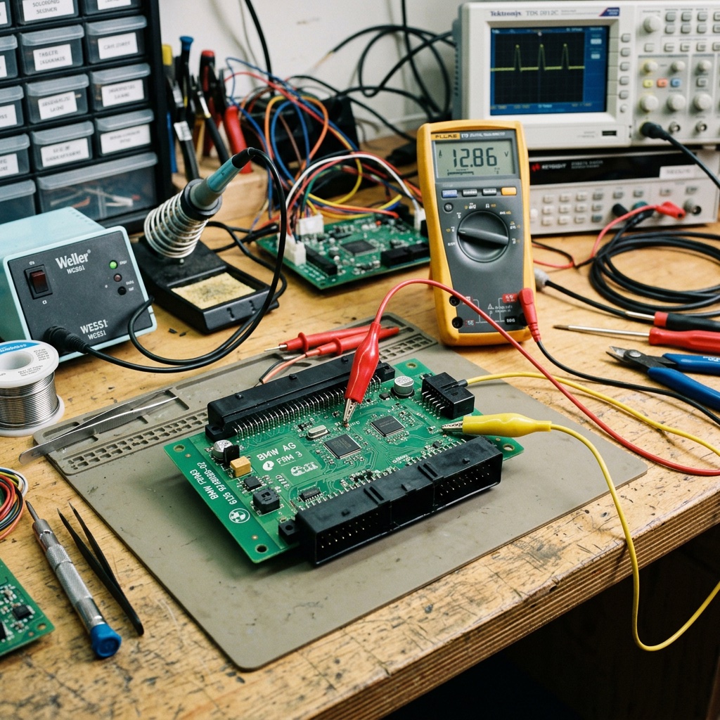 BMW FRM footwell module on repair bench