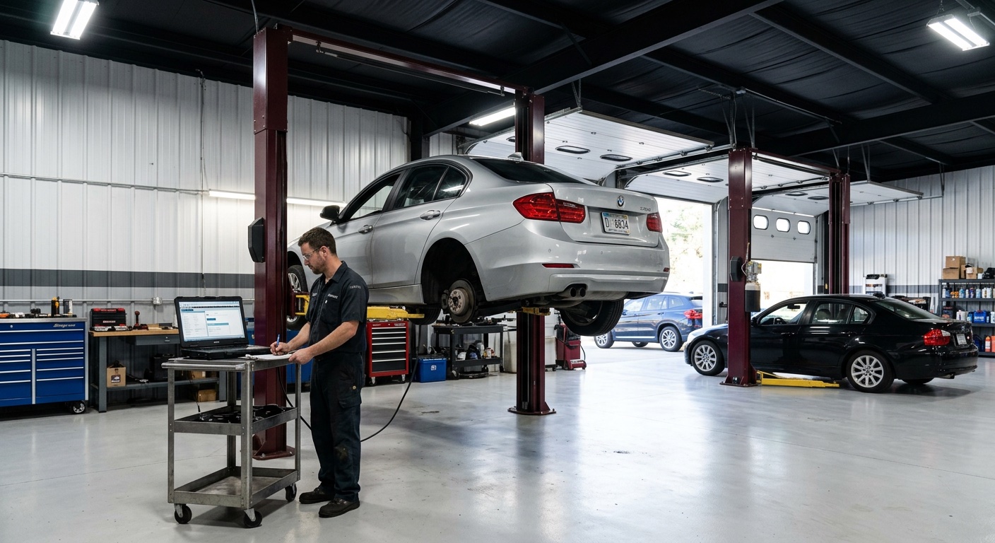 BMW being serviced at independent specialist shop with professional diagnostic equipment