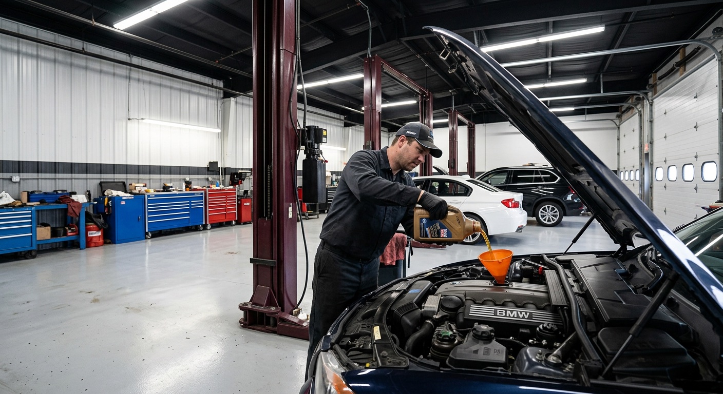 BMW engine oil service — oil being poured into engine