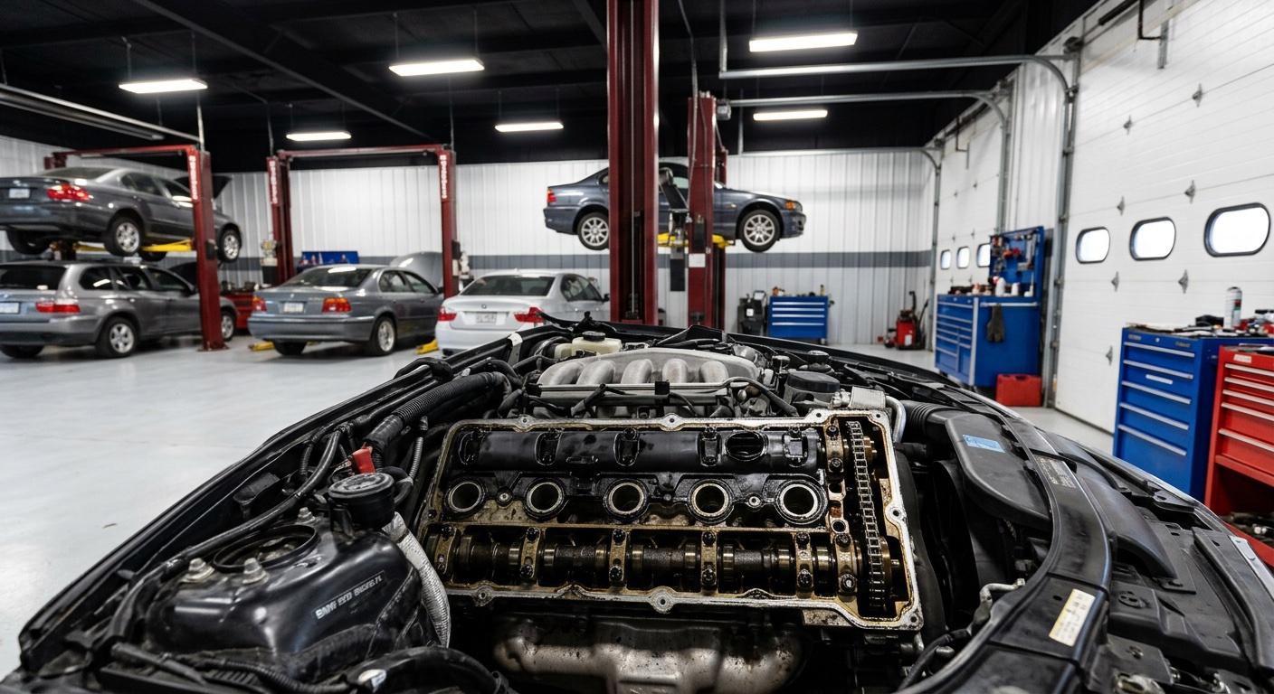 BMW valve cover removed from engine showing gasket sealing surface and spark plug wells
