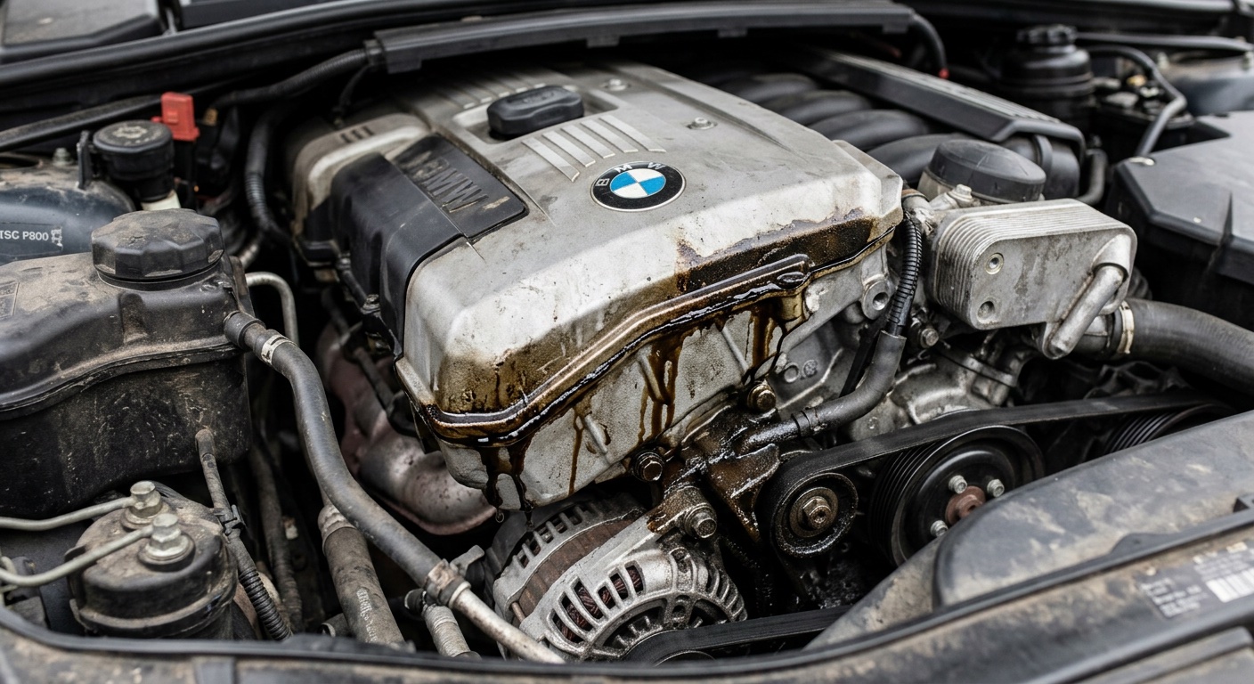 BMW engine showing oil leak from valve cover gasket with oil contamination on engine block